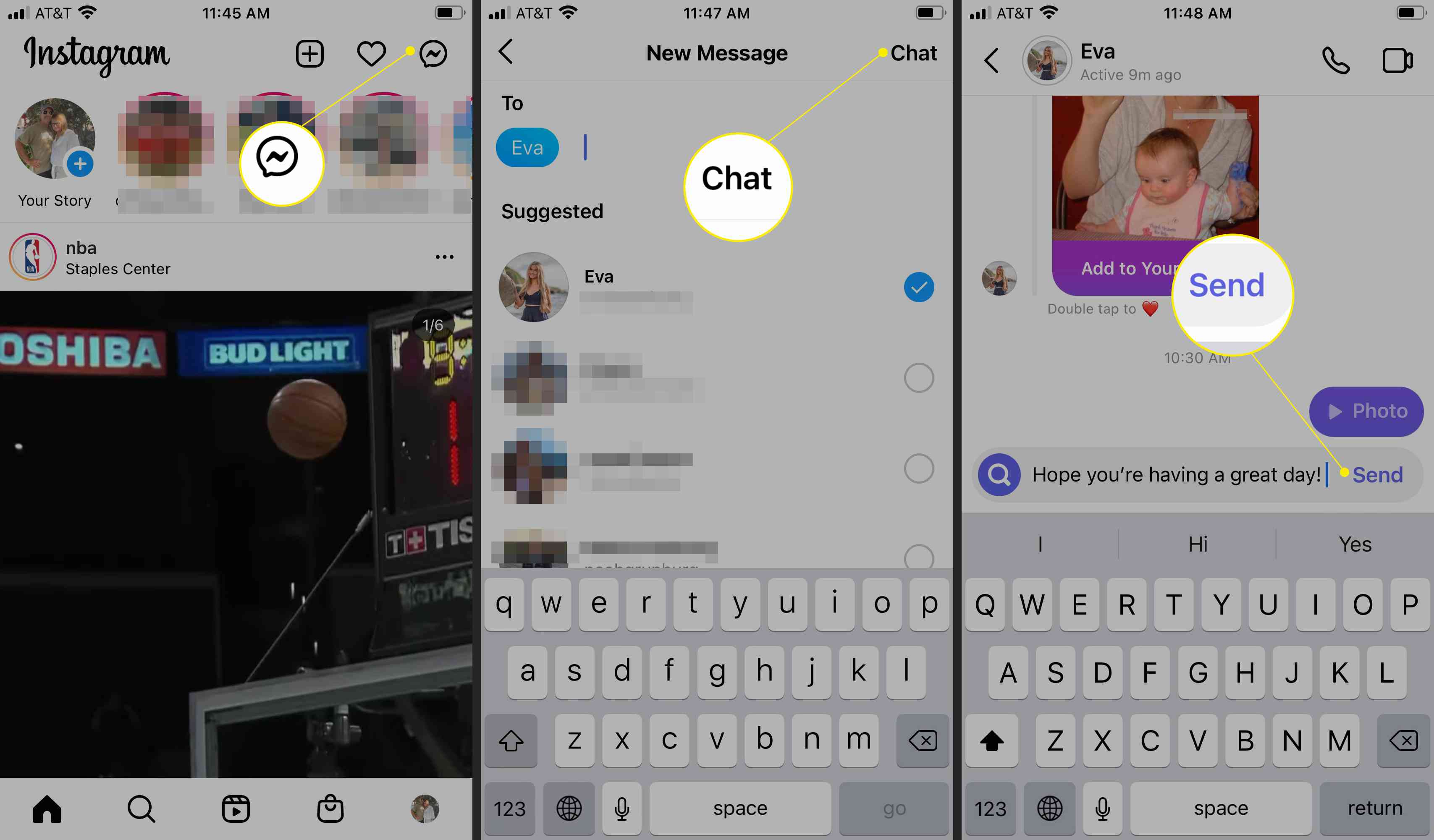 Proces nové zprávy Instagramu se zvýrazněným logem Messenger, Chat a Odeslat