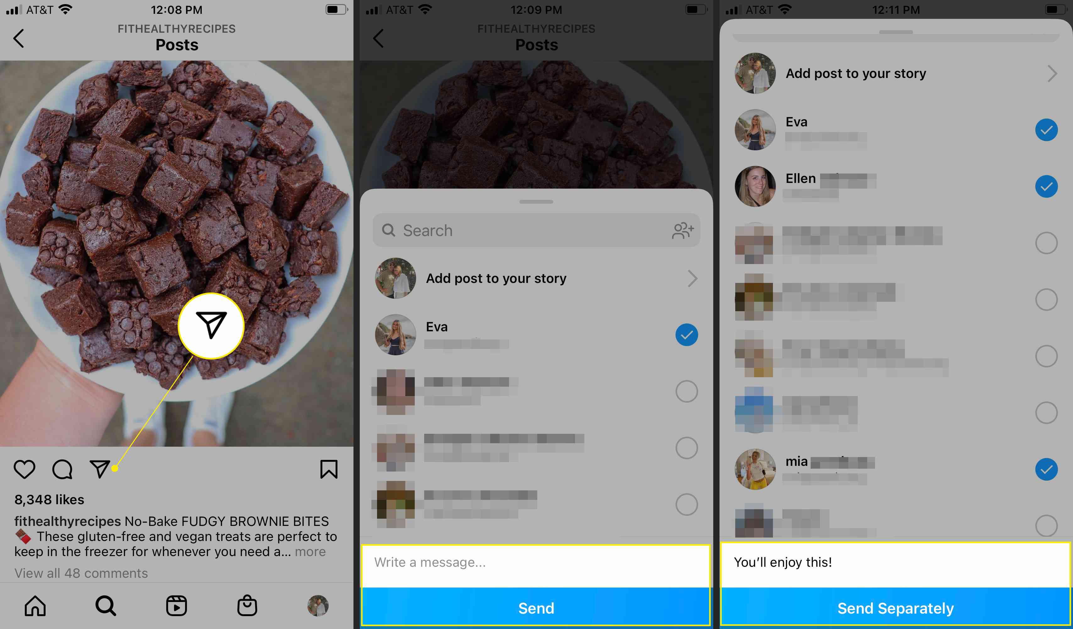 Instagram se zvýrazněnou ikonou Sdílet a Odeslat, který ukazuje, jak odeslat příspěvek