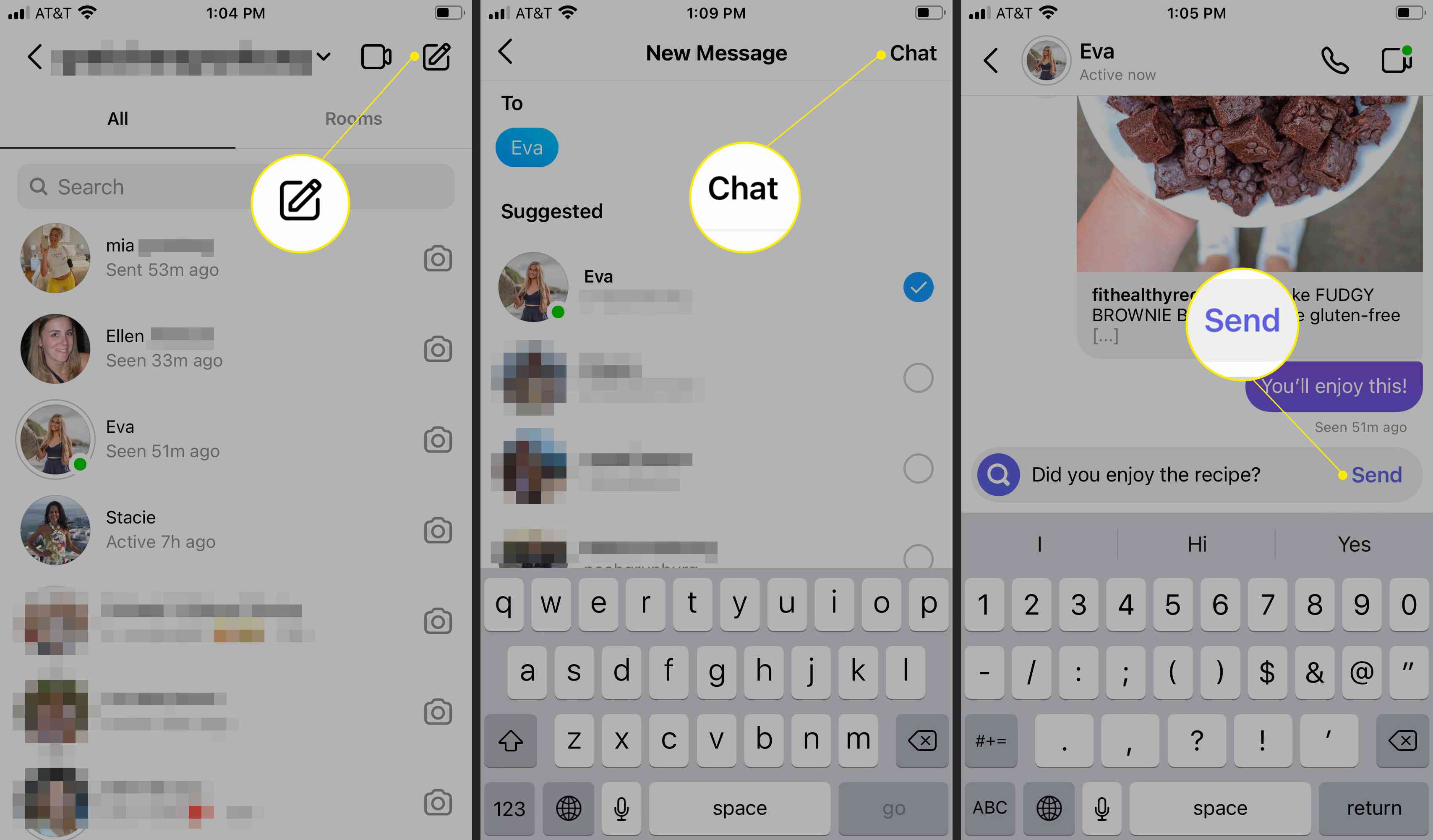 Chat na Instagramu se zvýrazněnou ikonou Nová zpráva, Chat a Odeslat