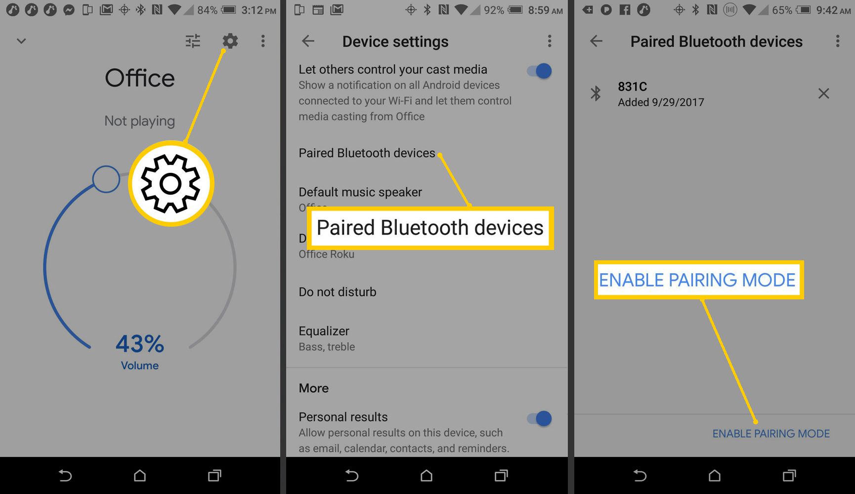 Screenshoty Android a Google Home App nastavující párování Bluetooth.