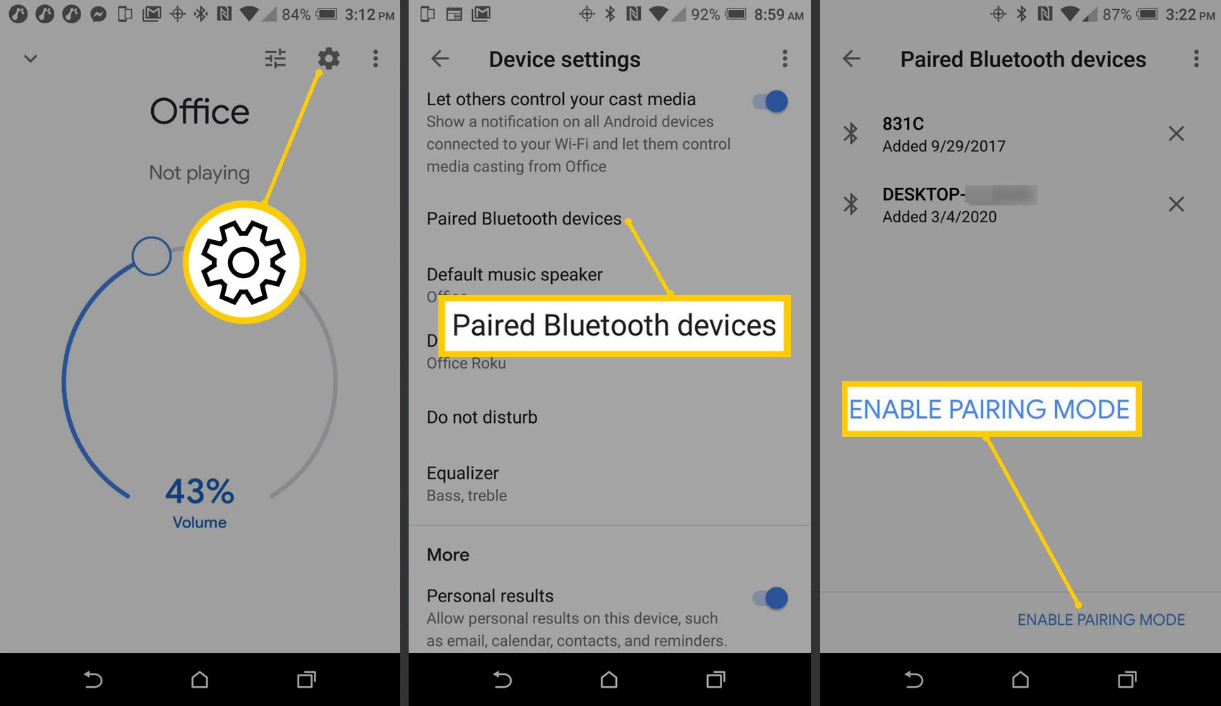 Aplikace Google Home - Nastavení zařízení - Spárovat zařízení Bluetooth - Povolit spárování