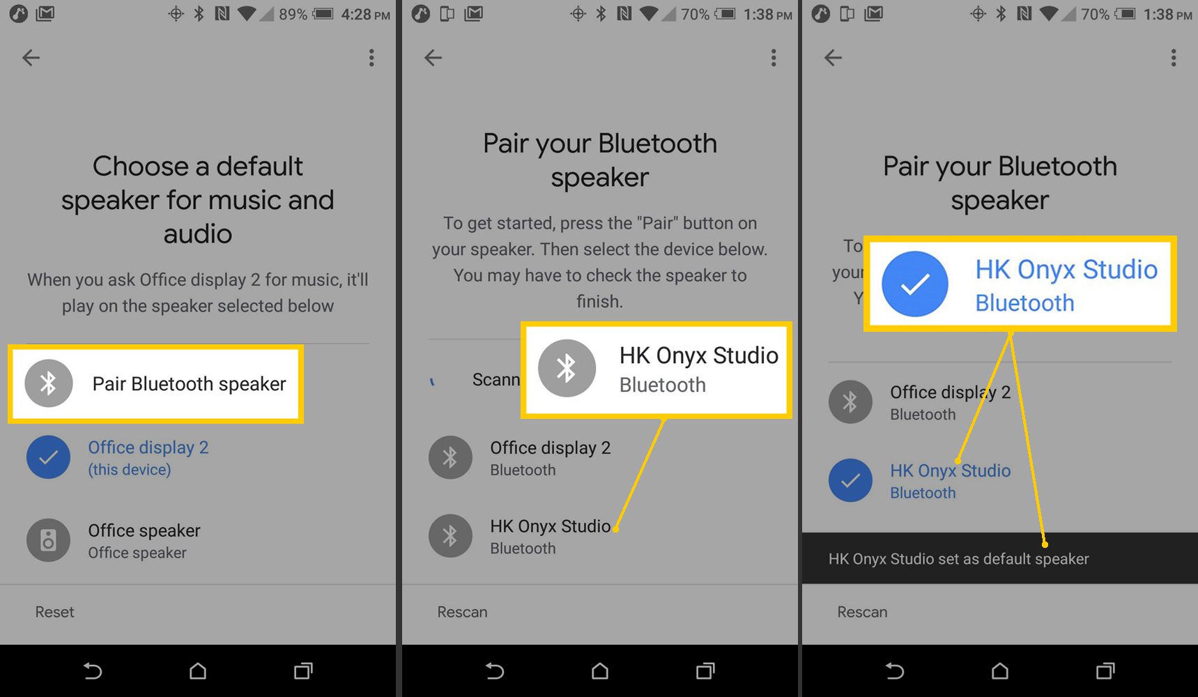 Screenshoty na Androidu aplikace Google Home Výběr a spárování reproduktoru Bluetooth.