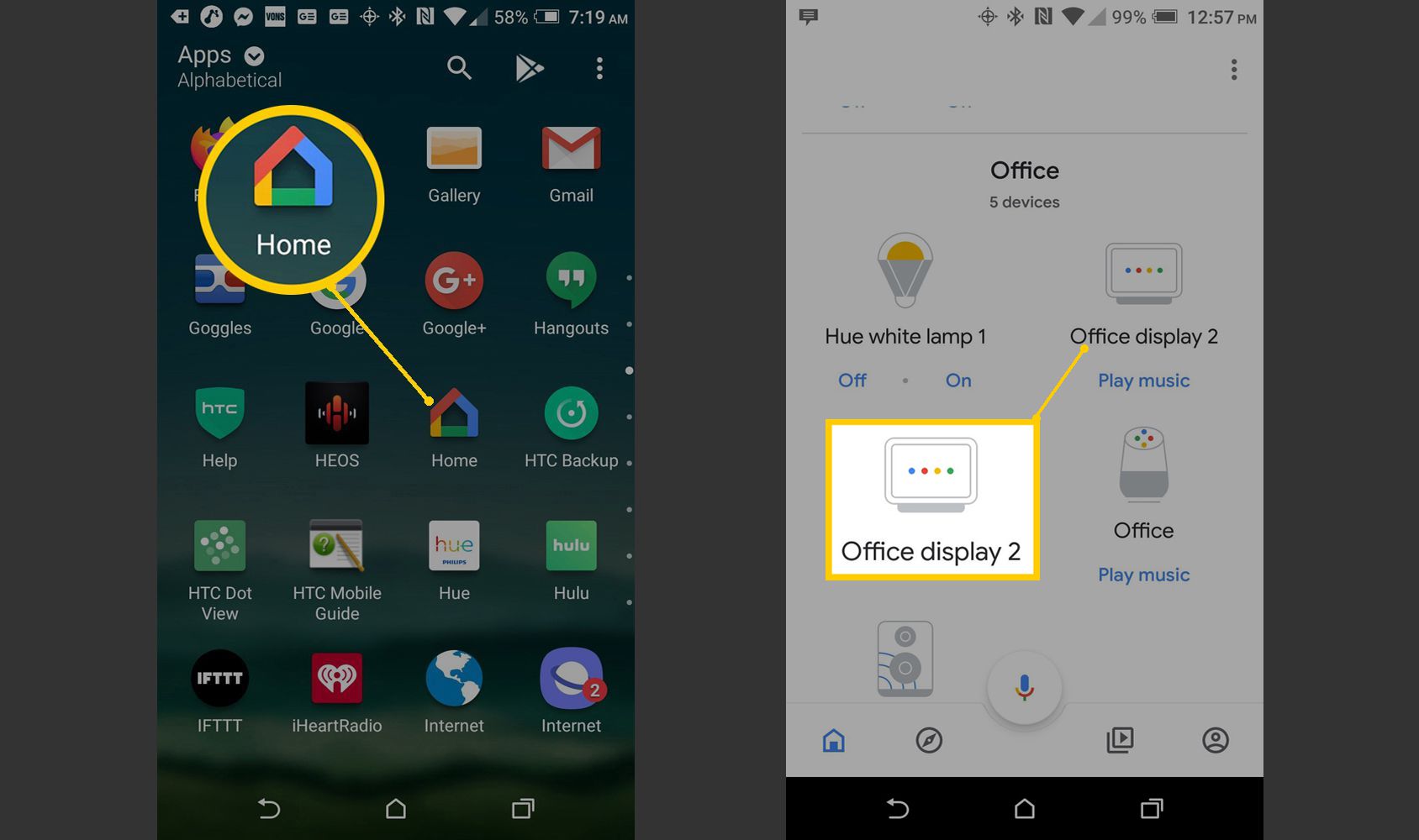 Screenshoty dostupných zařízení aplikace Home v systému Android.