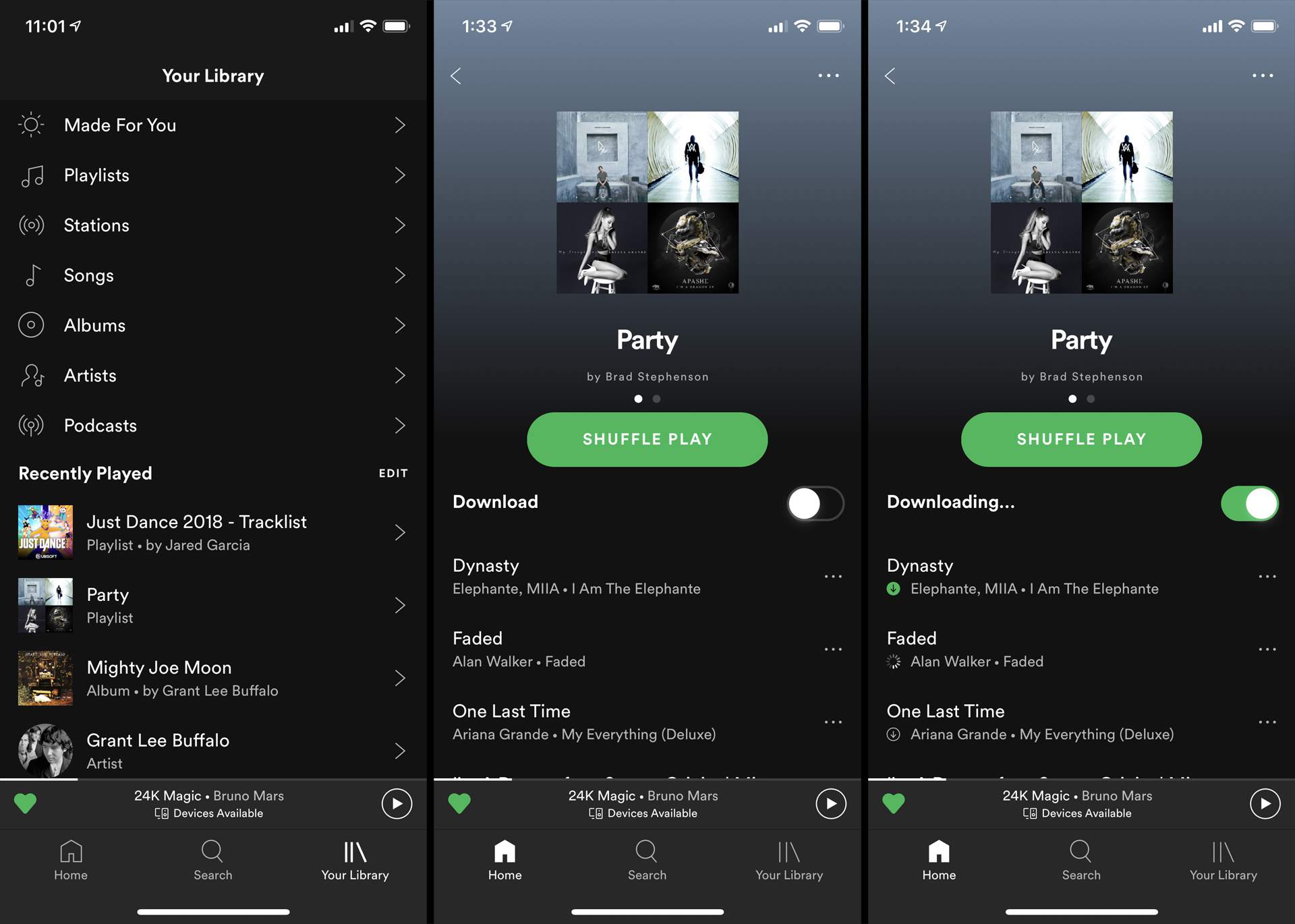 Stahování hudebního seznamu skladeb v aplikaci Spotify na iPhone.