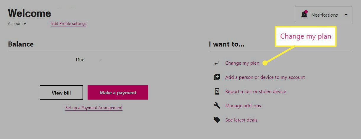 Tlačítko Změnit můj plán na webu T-Mobile.