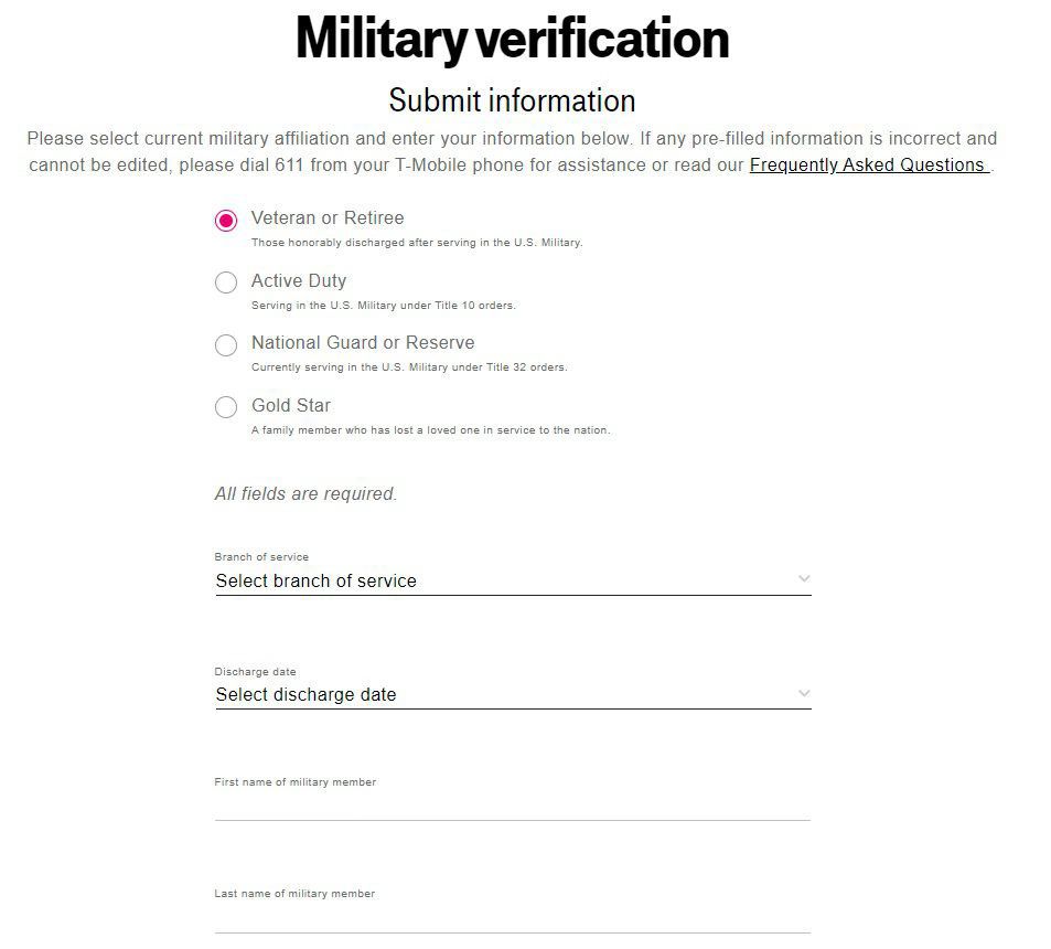 Stránka vojenského ověření pro T-Mobile.