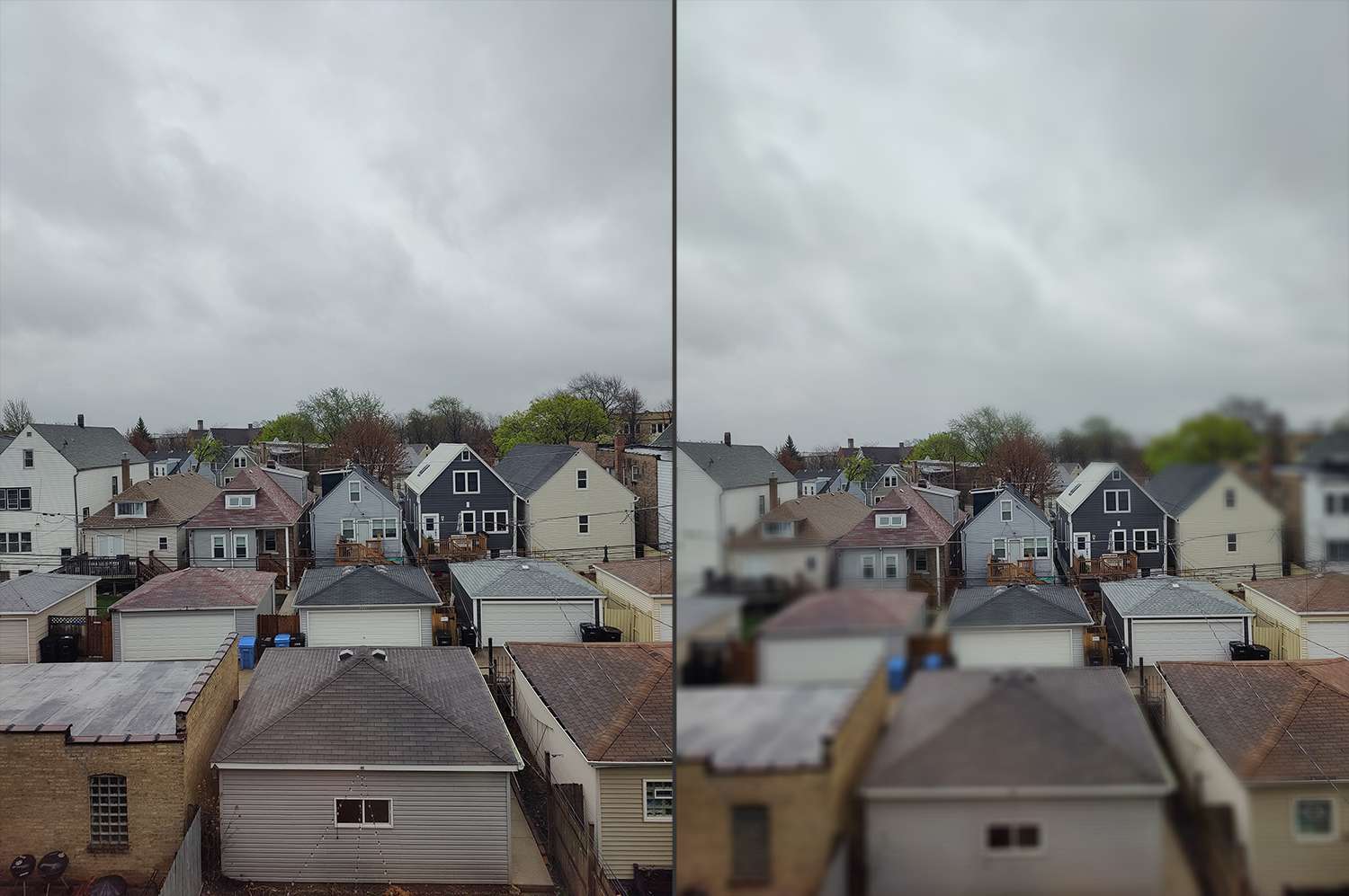 Před a po záběru městské čtvrti pomocí režimu náklonu a posunu OnePlus