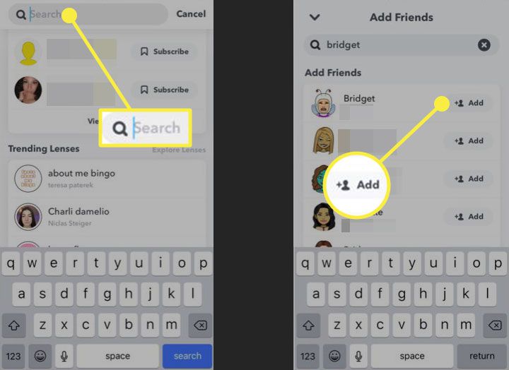 Snapchat se zvýrazněnou lištou Hledat a tlačítkem Přidat