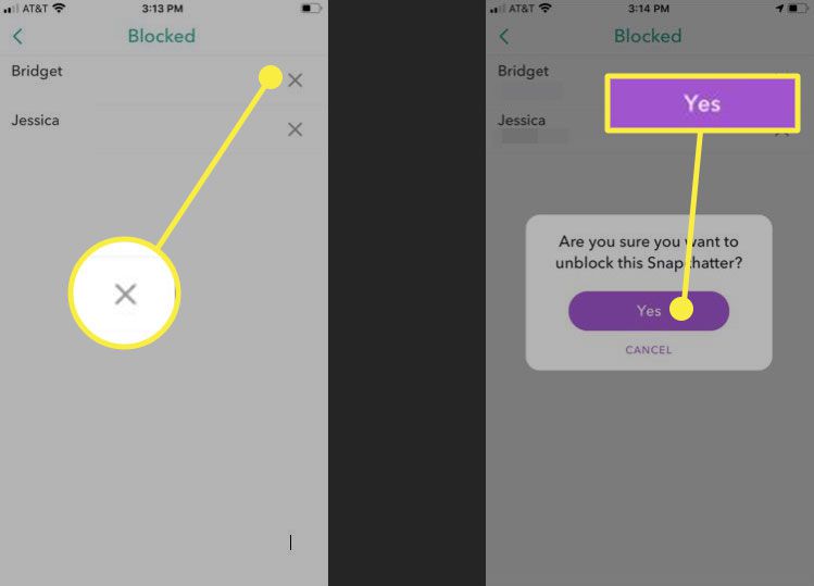 Snapchat se zvýrazněnými tlačítky Odebrat z bloku a Ano