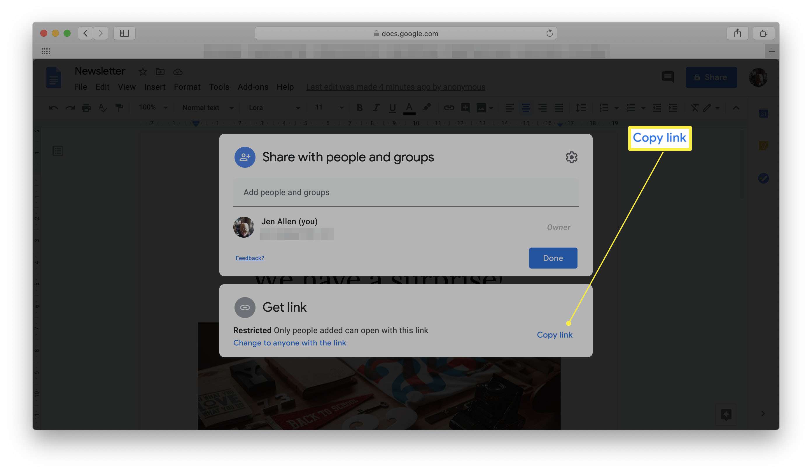 Dialogové okno sdílení Dokumentů Google se zvýrazněnými možnostmi Získat odkaz a Kopírovat odkaz