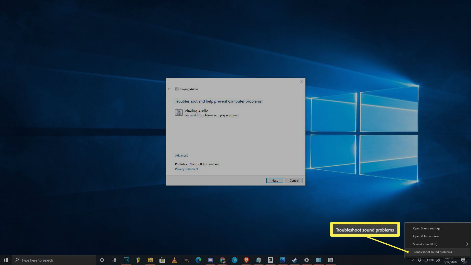 Snímek obrazovky nástroje pro odstraňování problémů se zvukem systému Windows.