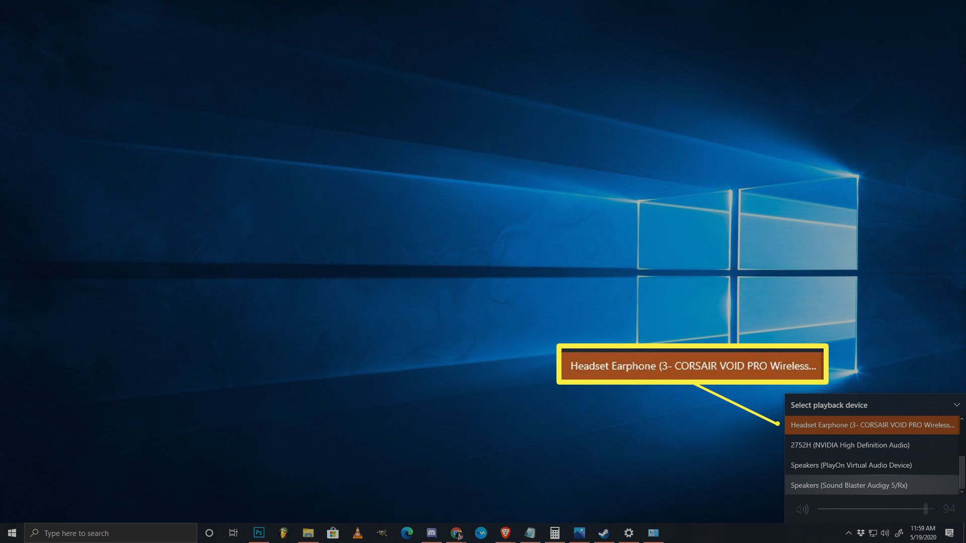 Screenshot zvukového zařízení ve Windows 10.