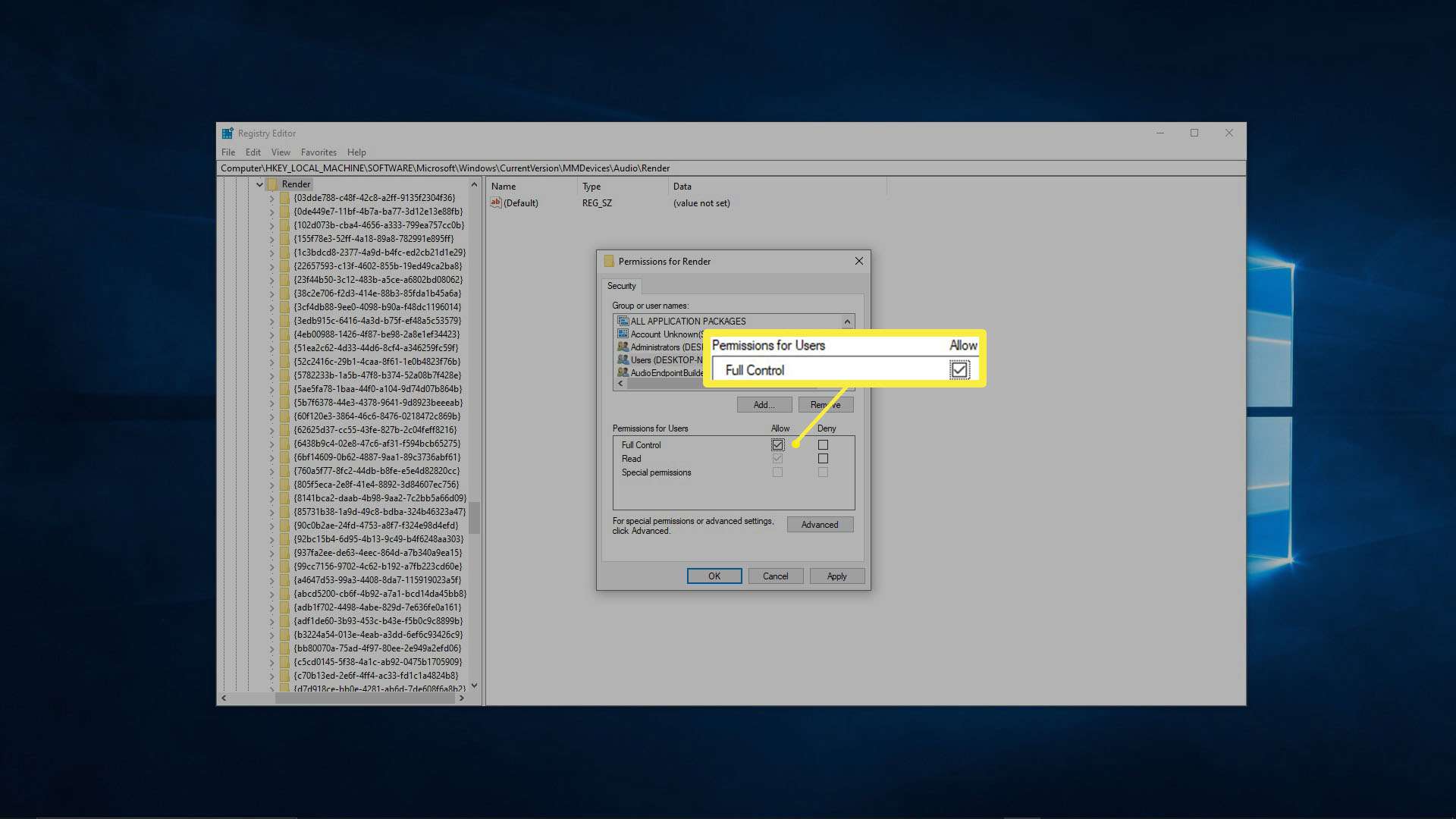 Screenshot registru Windows a kde změnit oprávnění.