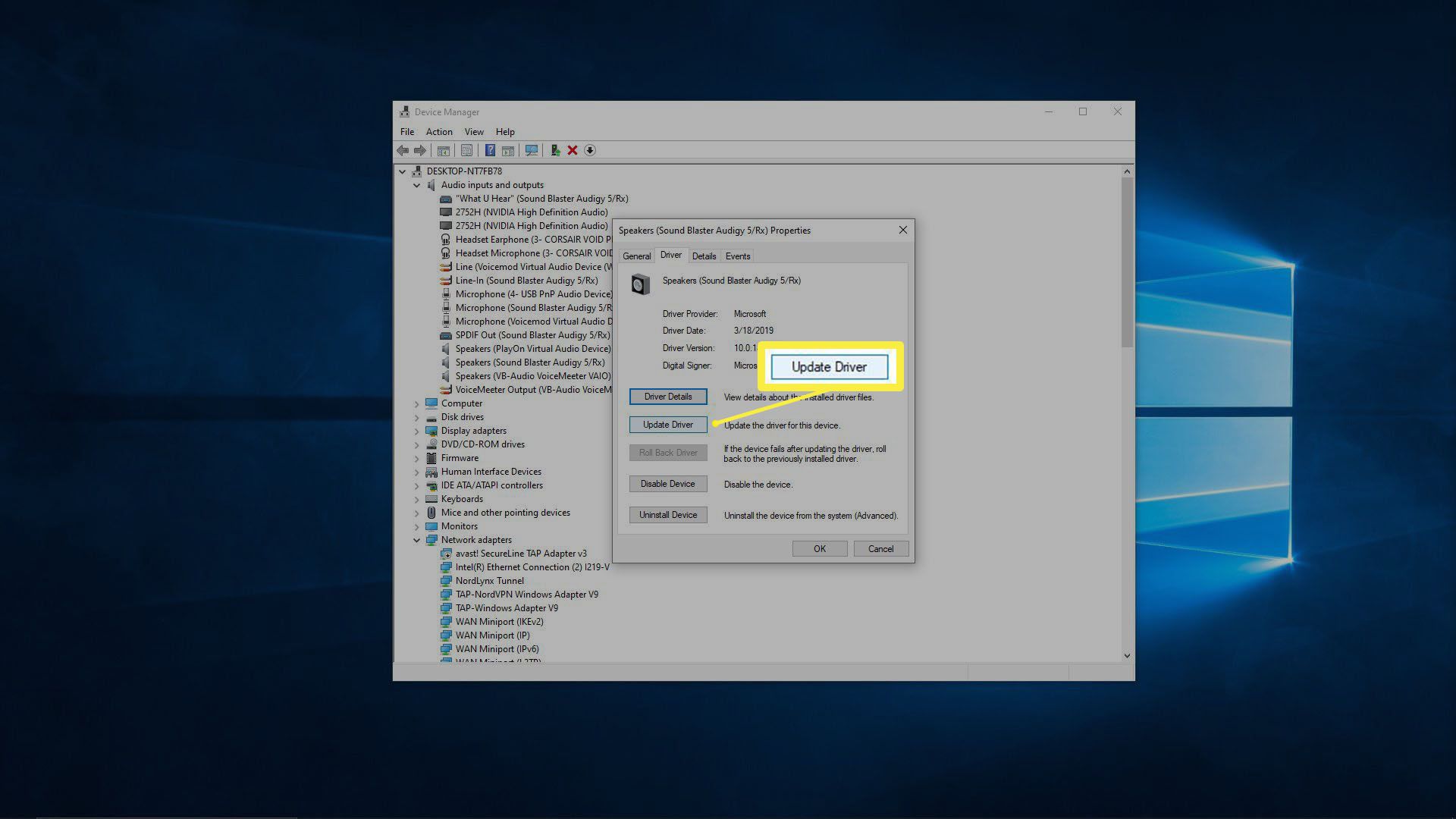 Snímek obrazovky s aktualizací zvukového ovladače v systému Windows 10.