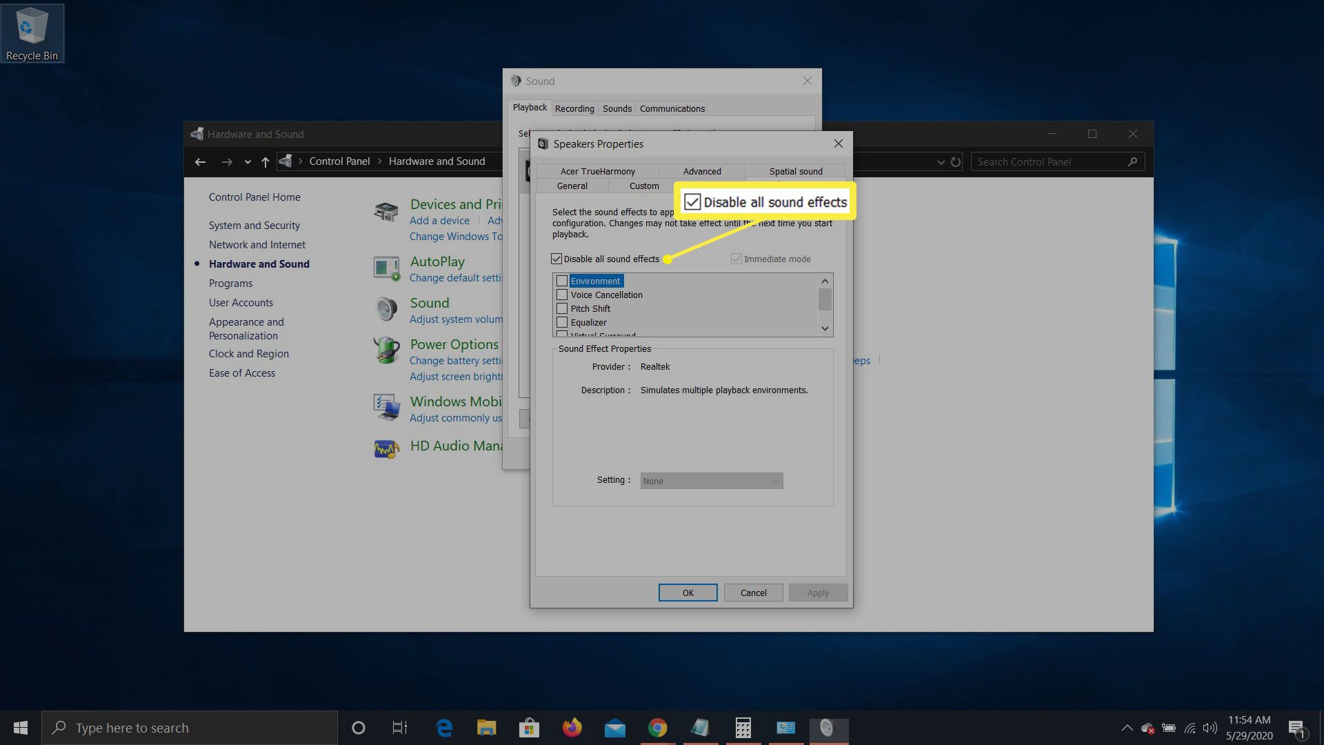 Snímek obrazovky s vylepšeními zvuku v systému Windows 10.