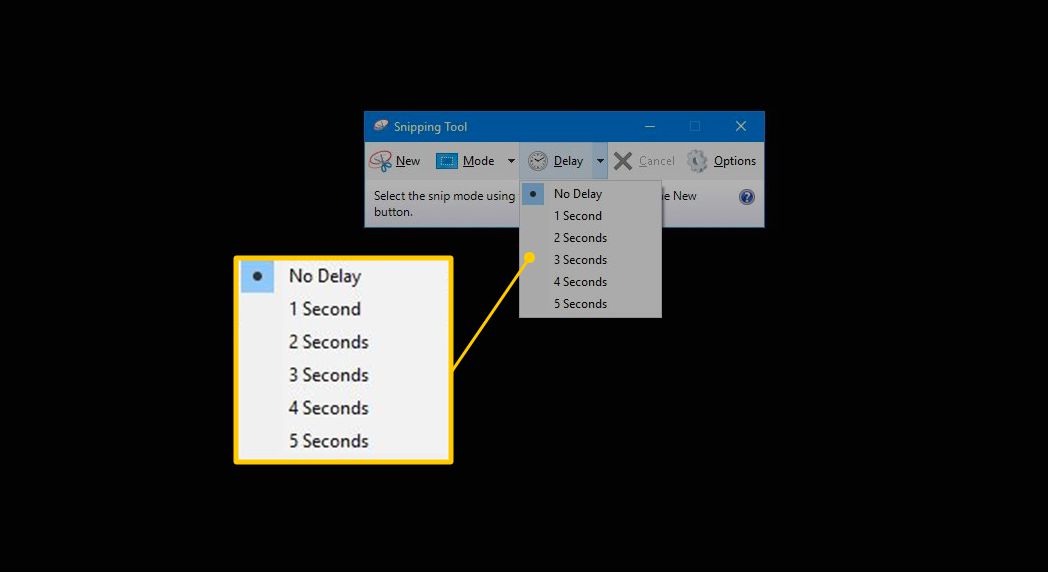Nabídka zpoždění nástroje Snipping Tool