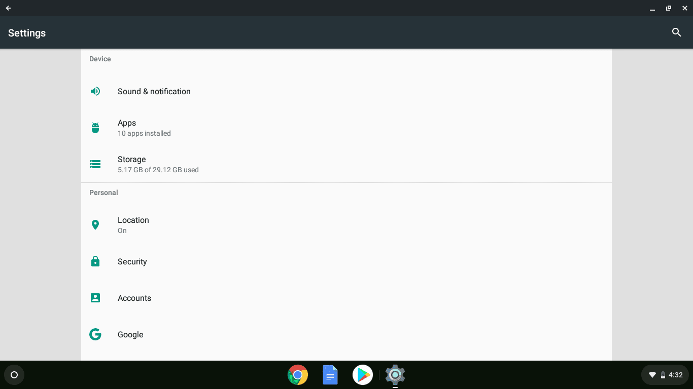 Snímek obrazovky s nastavením aplikace pro Chromebook pro Android.