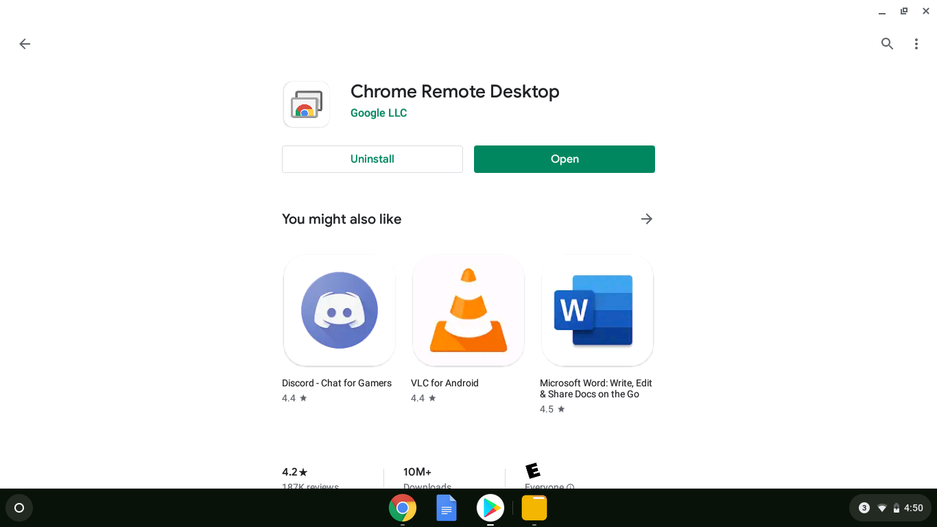 Snímek obrazovky Vzdálené plochy Chrome na Chromebooku.