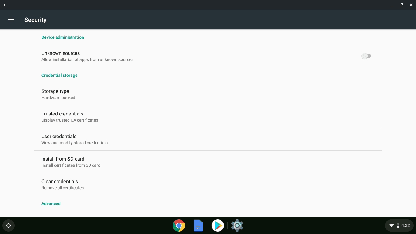 Snímek obrazovky s nastavením aplikace pro Chromebook pro Android.