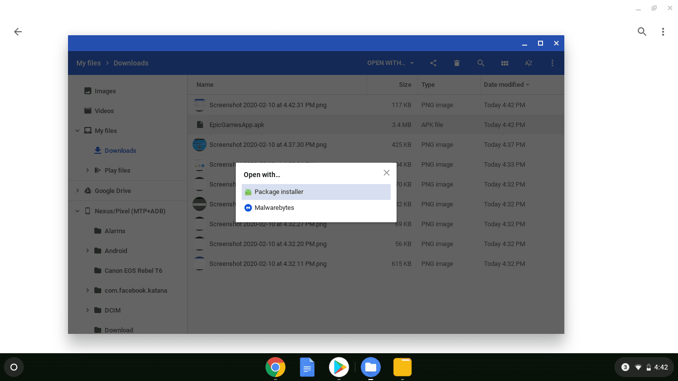 Screenshot otevření apk v Chromebooku.