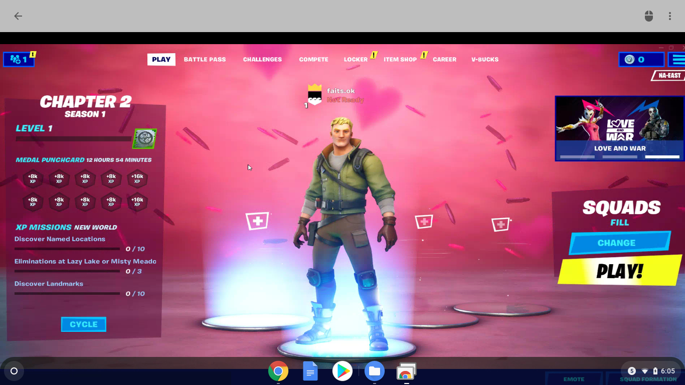 Snímek obrazovky Fortnite běžícího přes Vzdálenou plochu Chrome.