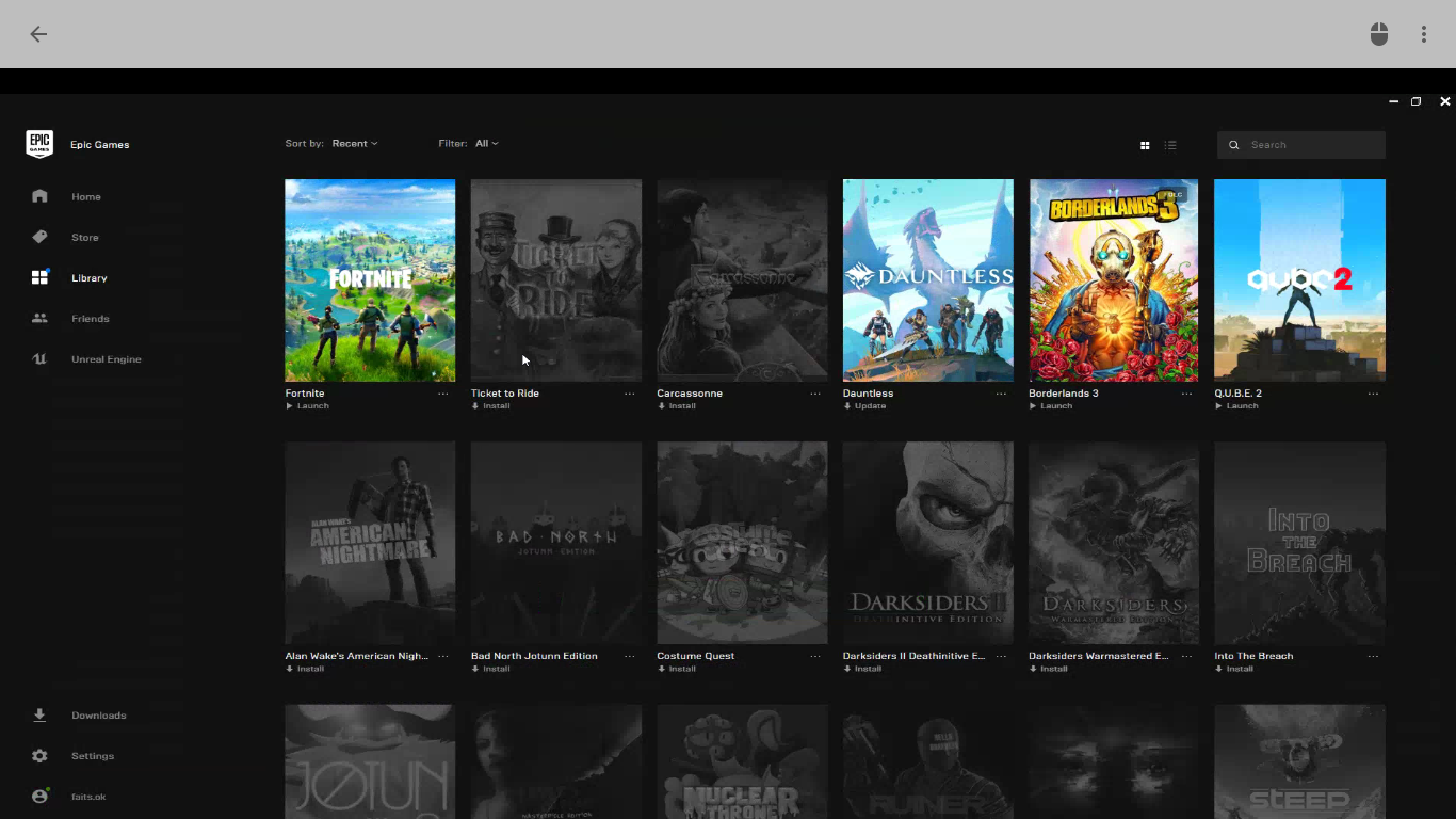 Snímek obrazovky obchodu Epic Games ve Vzdálené ploše Chrome.