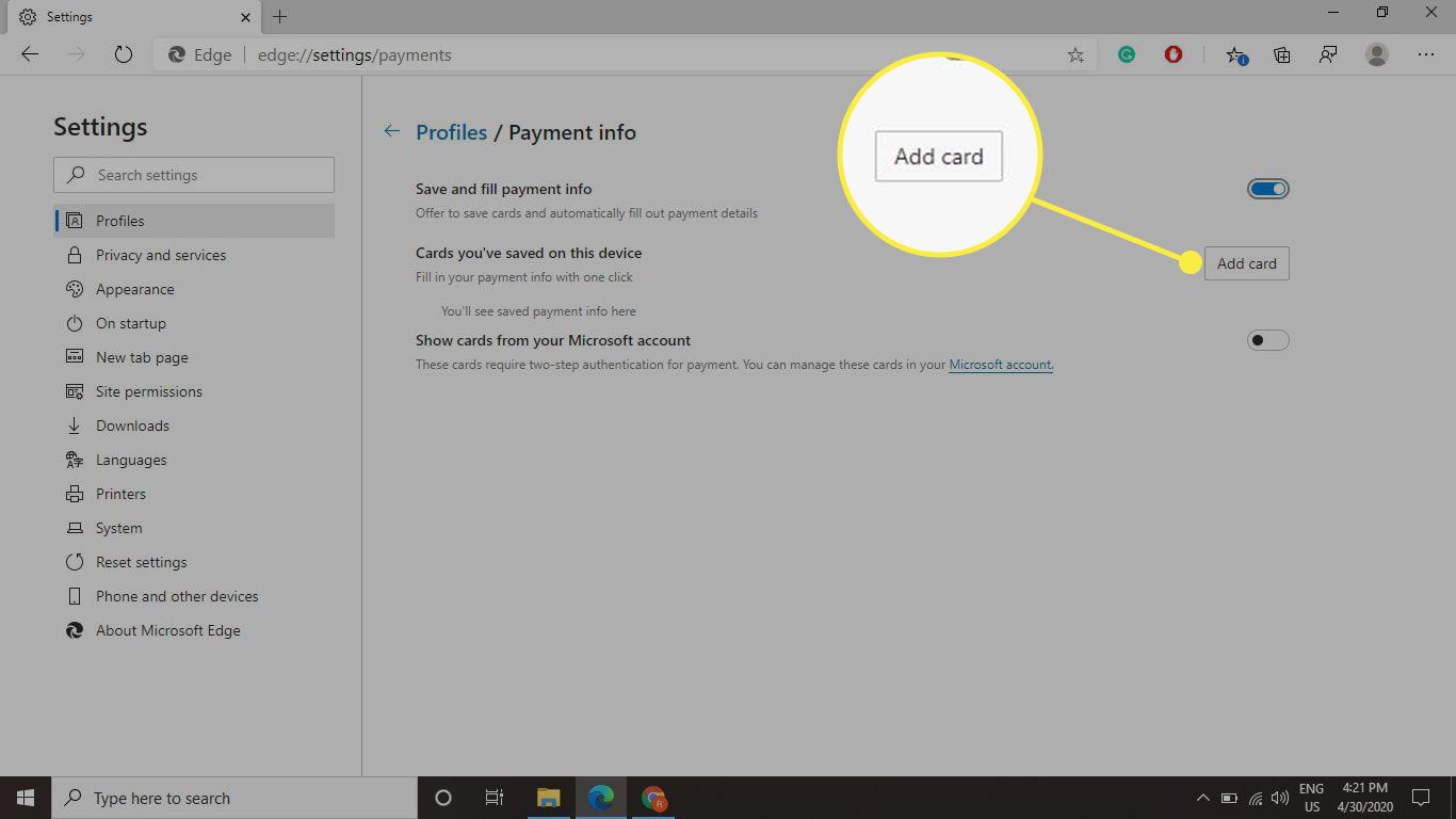 Obrazovka Platební informace v Edge se zvýrazněným tlačítkem Přidat kartu
