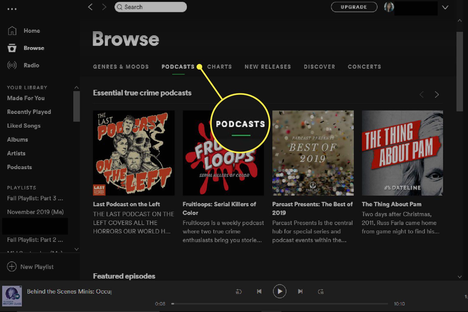 Stránka Podcasty v okně Procházet v Spotify pro Windows.
