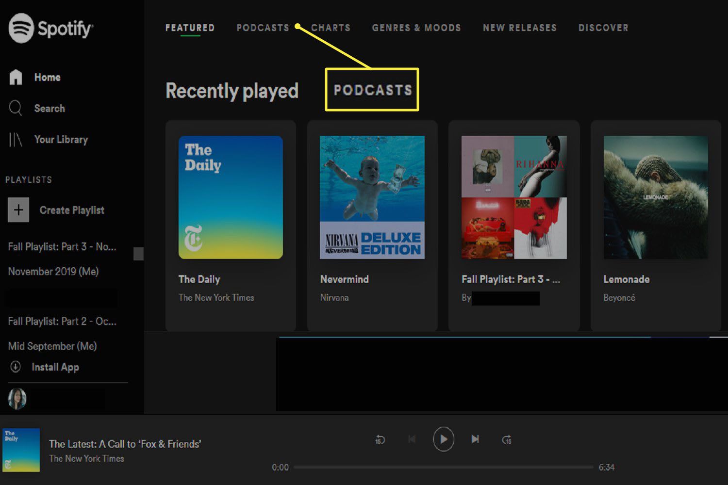 hlavní panel Spotify Web Player po přihlášení.