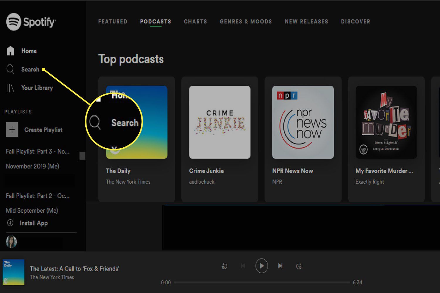 Stránka Podcasty na Spotify Web Player a tlačítko Hledat.