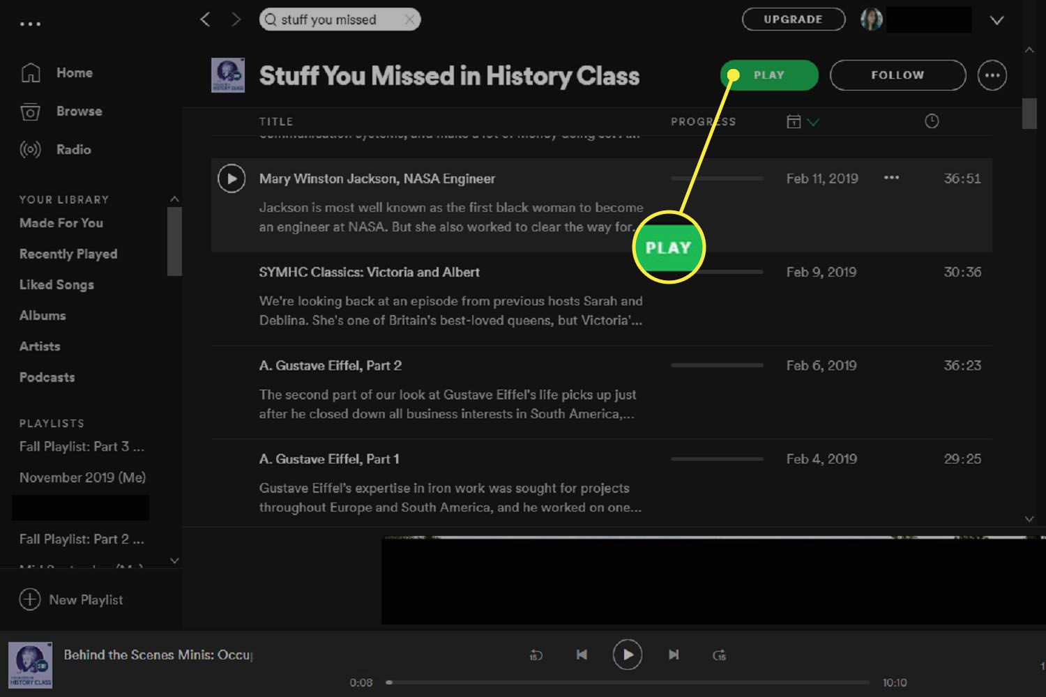 stránka podcastu.  To také ukazuje, jak přehrát konkrétní epizodu ve Spotify pro Windows.