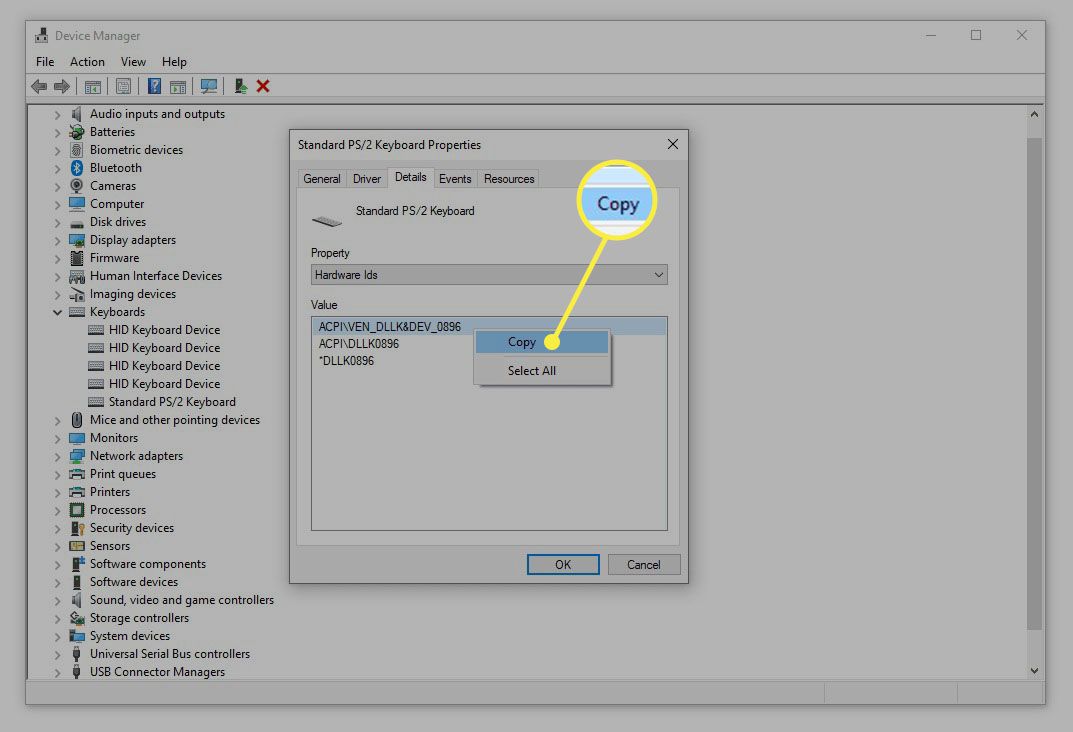 Možnost kopírování ID hardwaru klávesnice PS / 2 ve Správci zařízení.