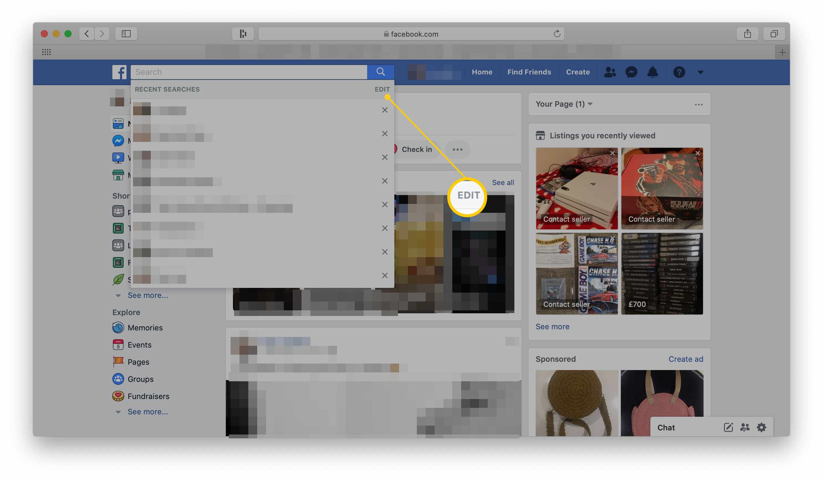 Domovská stránka Facebooku se zvýrazněnou možností úpravy nedávného vyhledávání