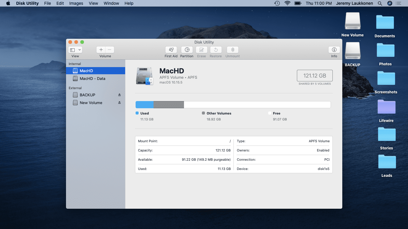 Snímek obrazovky Disk Utility.