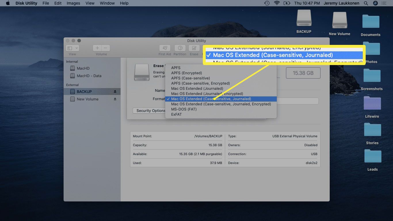 Formát systému souborů vybraný v Disk Utility v systému macOS.