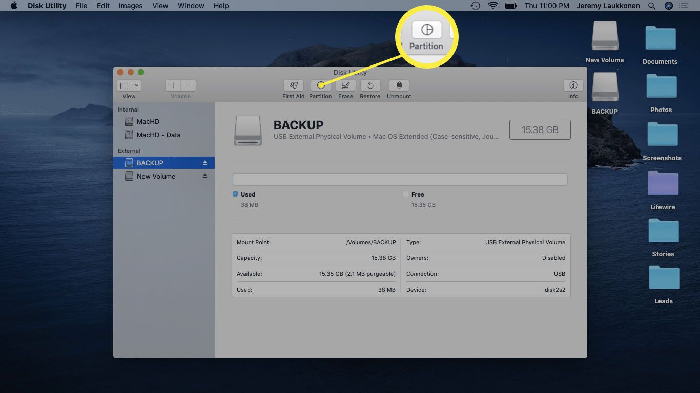 Snímek obrazovky Disk Utility v systému macOS.