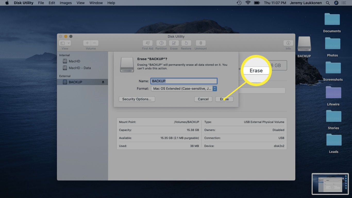 Snímek obrazovky aplikace Disk Utility v systému macOS.