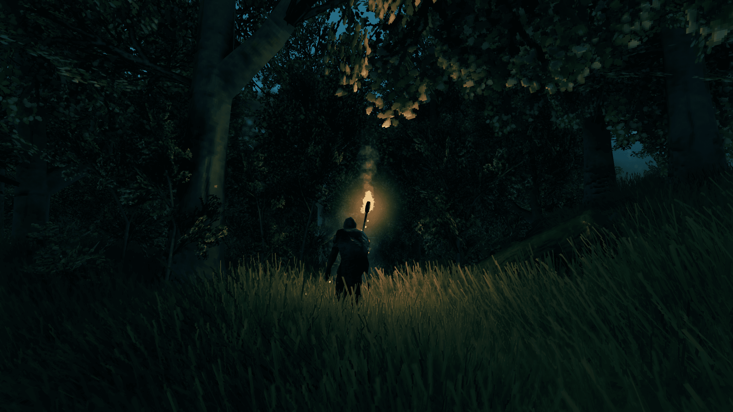 Postava Valheima zkoumající lesy v noci, zatímco drží pochodeň