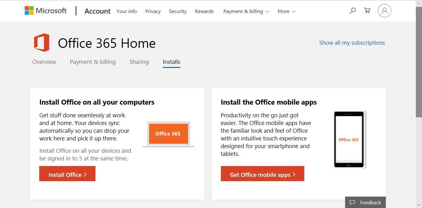 Stránka účtu Office 365 Home zobrazující odkazy na instalaci Office 365