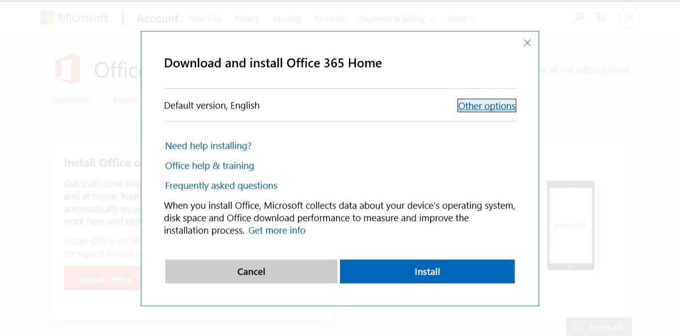 Vyskakovací okno Stáhnout a nainstalovat Office 365 pro domácnosti