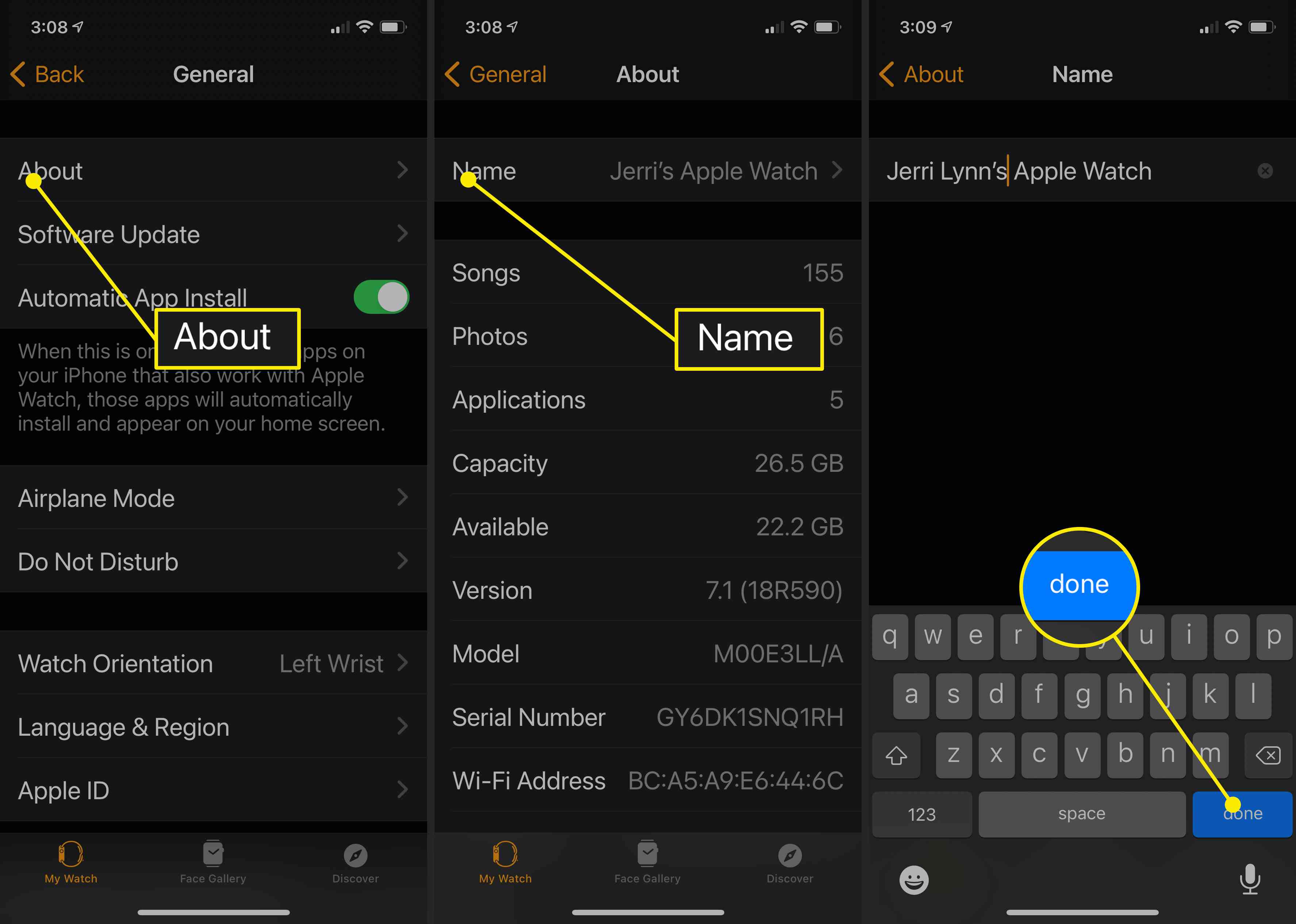 Screenshoty ukazující, kde a jak změnit název Apple Watch pomocí aplikace Apple Watch na iPhone.