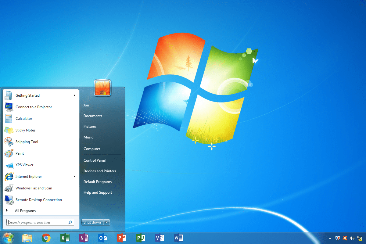 Nabídka Start systému Windows 7 a plocha