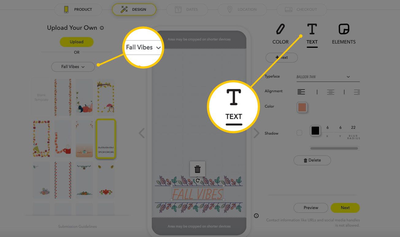 Vlastní možnosti vytváření filtrů na Snapchat.com se zvýrazněním možností Fall Vibes a Text