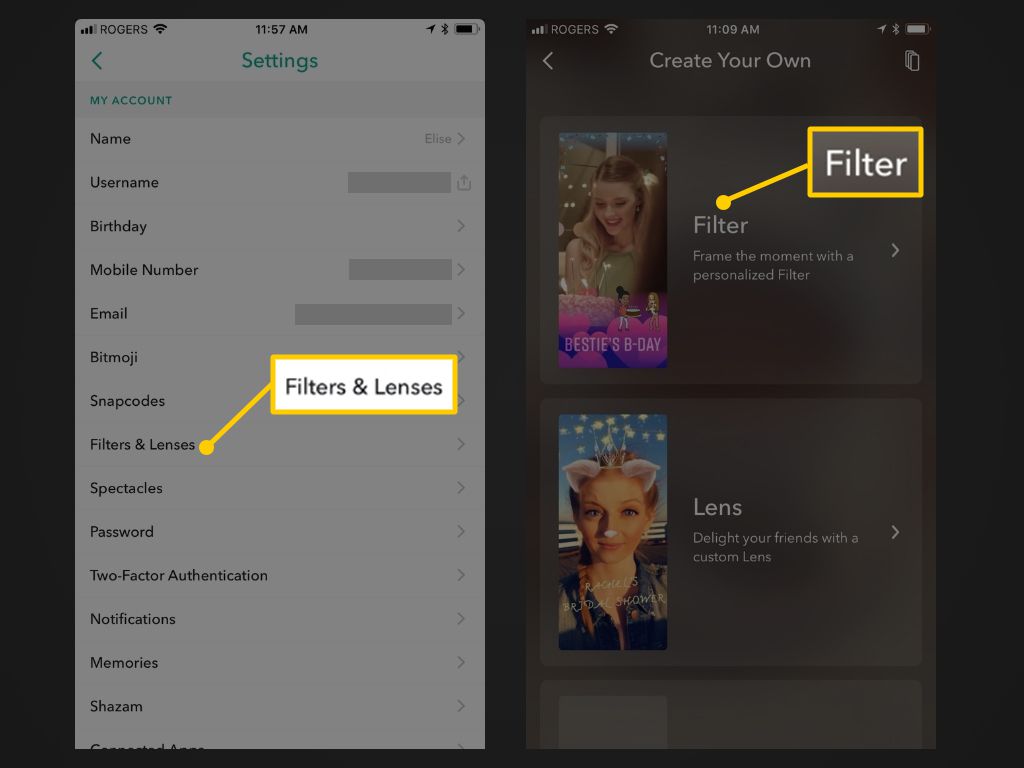 Filtry a objektivy, poté tlačítka Filtr v aplikaci Snapchat