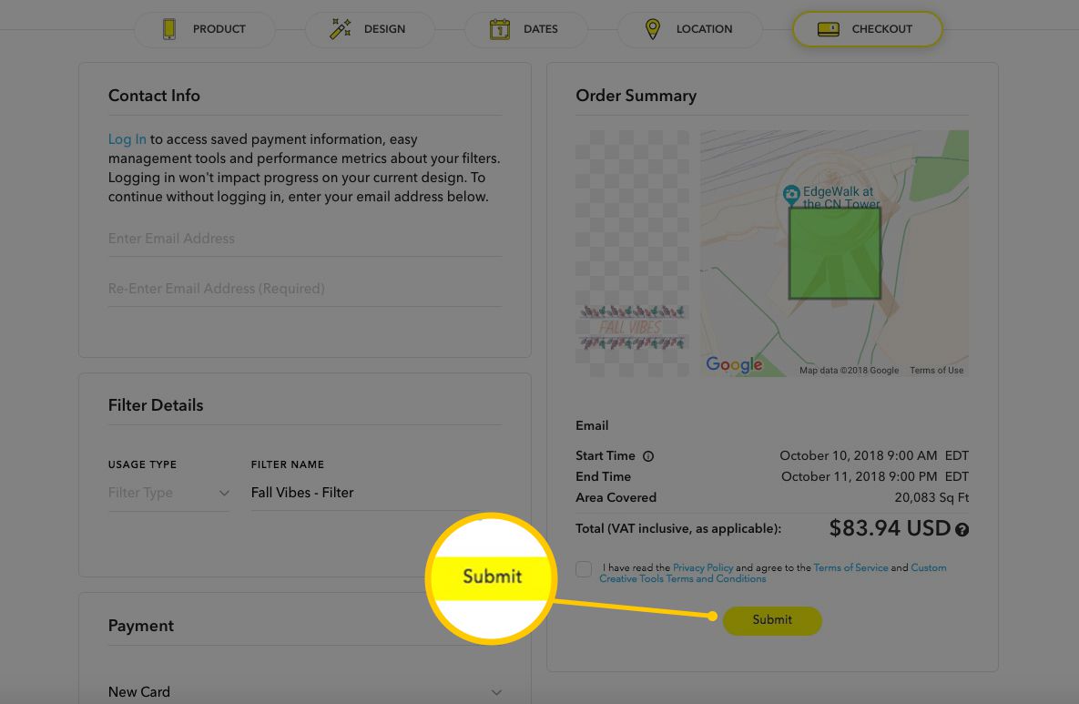 Obrazovka plateb na Snapchat.com pro vlastní filtry, včetně tlačítka Odeslat