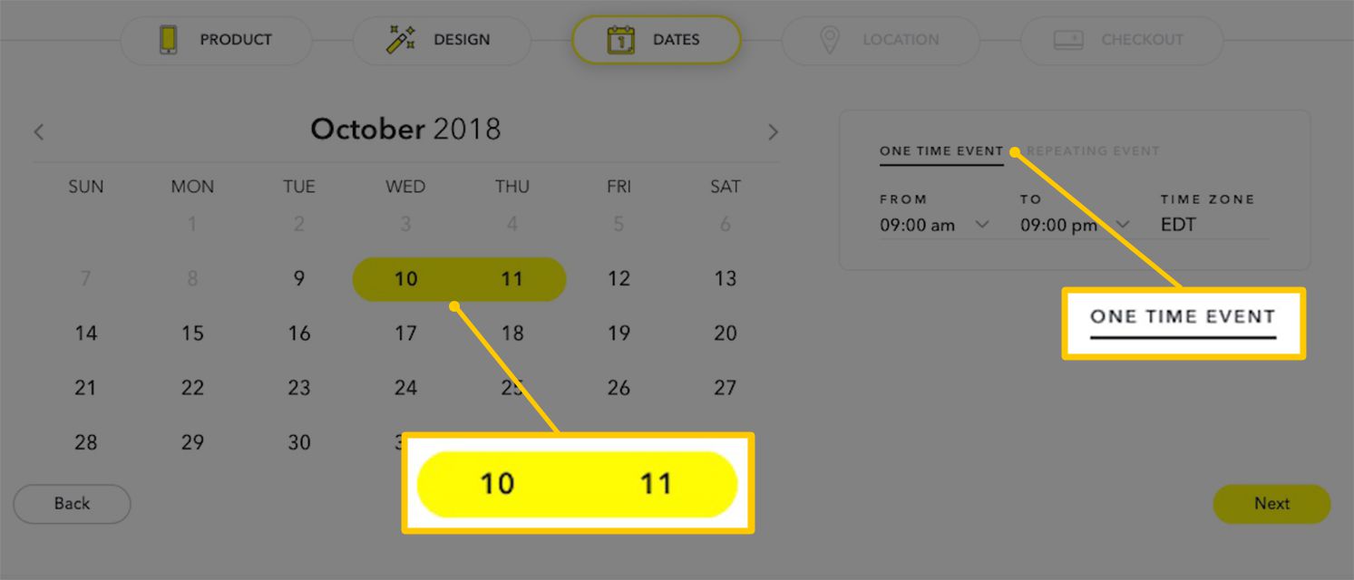 Scénář možností aktivního data filtru Snapchat.com s kalendářem a typem události
