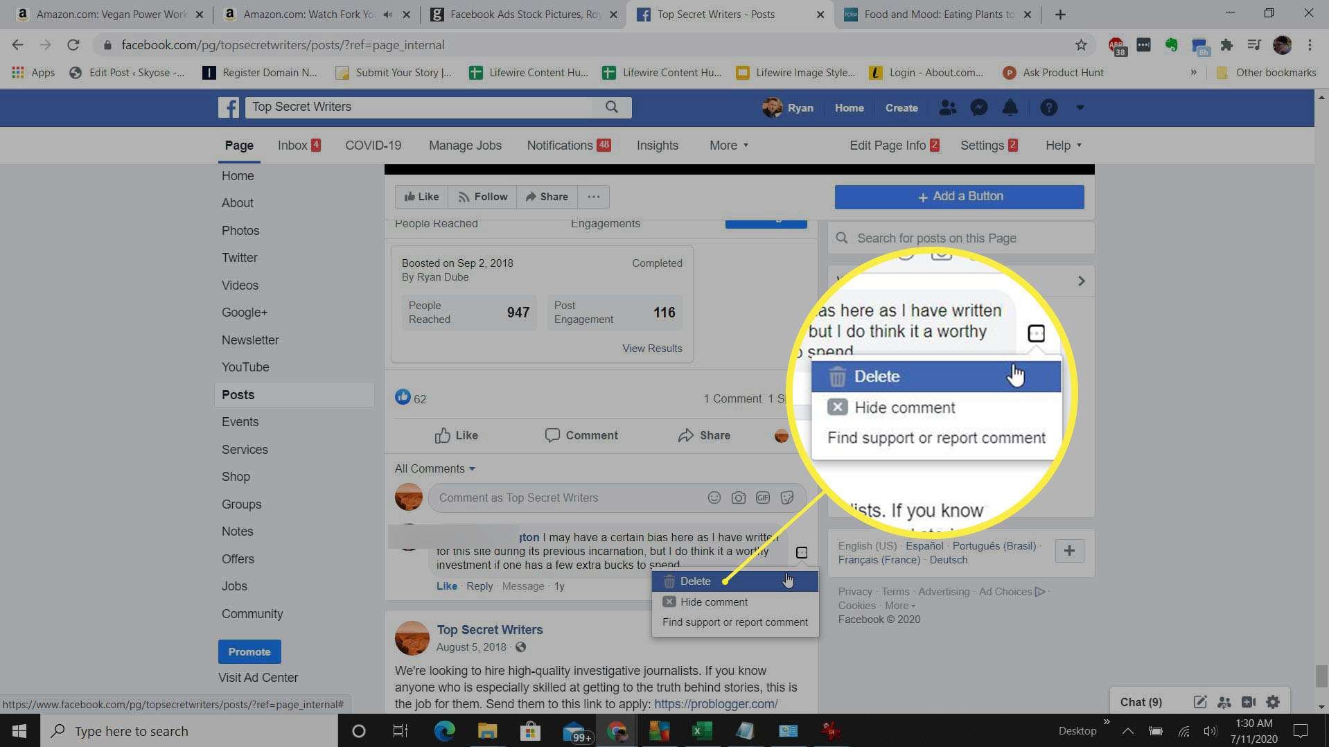 Screenshot z odstranění komentáře ze stránky na Facebooku.