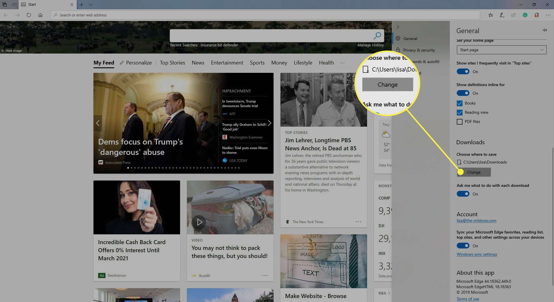 Snímek obrazovky s nastavením Microsoft Edge s "Změnit umístění uložení" tlačítko zvýrazněno