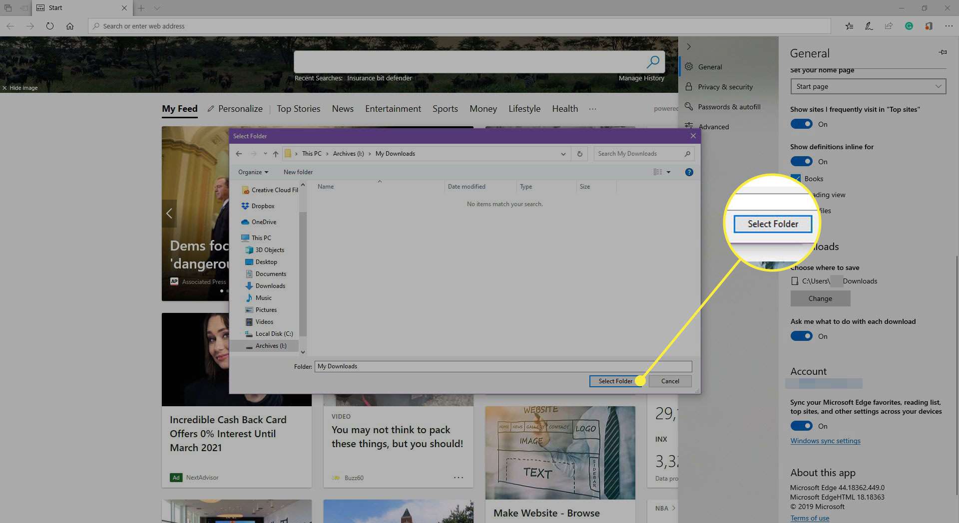 Snímek obrazovky Microsoft Edge se zvýrazněným tlačítkem Vybrat složku