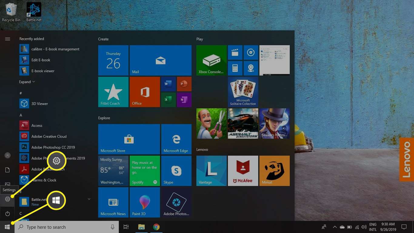 ikona a ikona Nastavení zvýrazněné ve Windows.